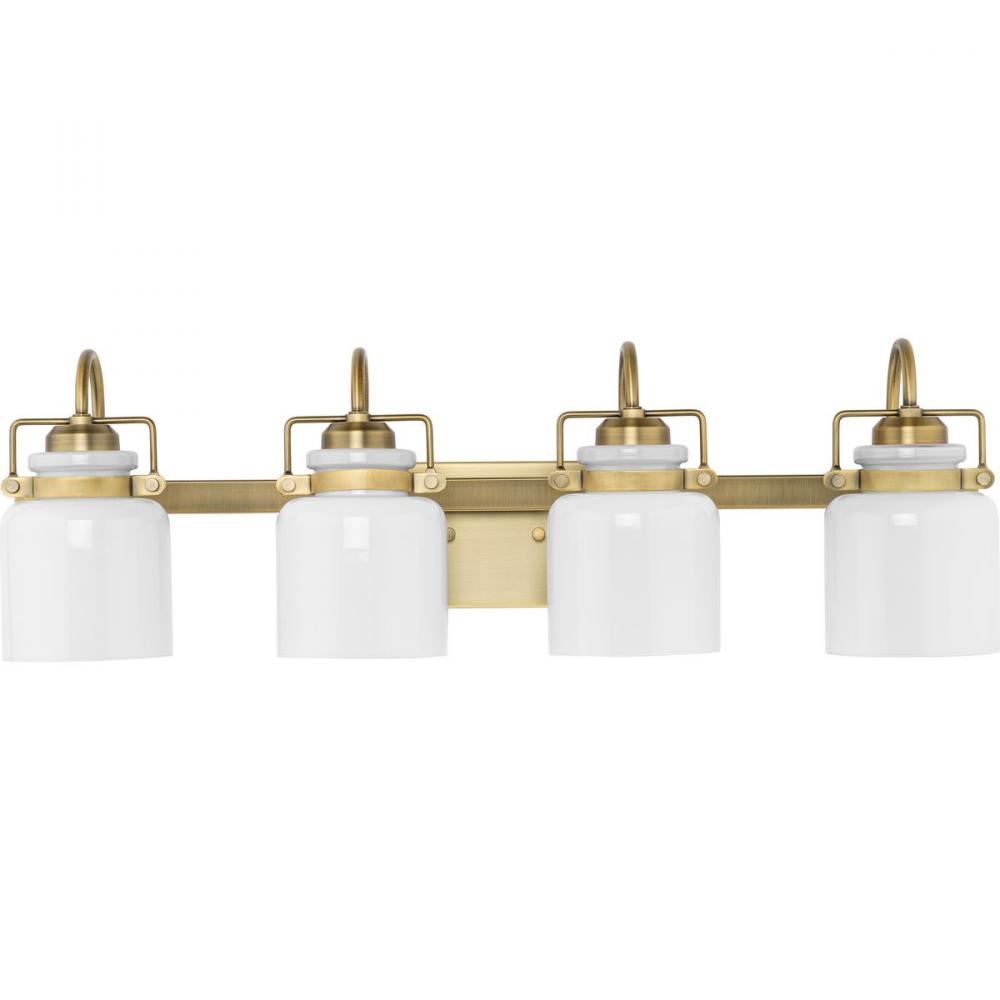 Fessler Collection Four-Light Vintage Brass Opal Glass Farmhouse Bath Light