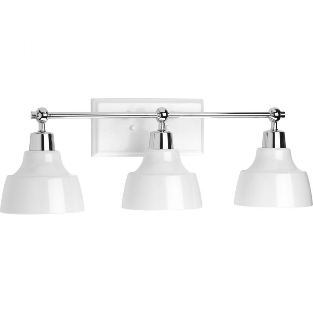 Bramlett Collection Three-Light Polished Chrome White Metal Shade Coastal Bath Vanity Light