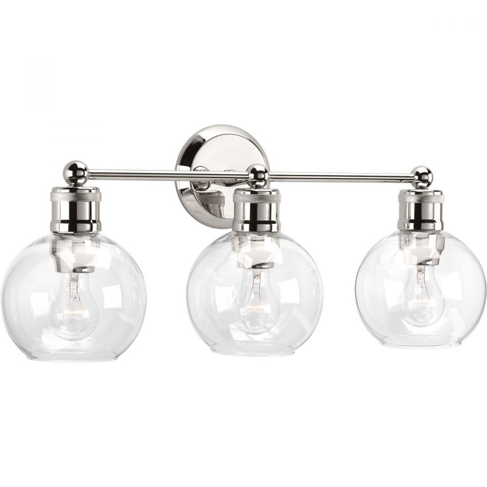 Hansford Collection Three-Light Polished Nickel Clear Glass Coastal Bath Vanity Light