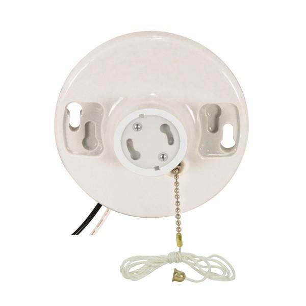 Pull Chain White Porcelain GU24 On-Off Pull Chain Ceiling Receptacle; 6" AWM B/W Lead;